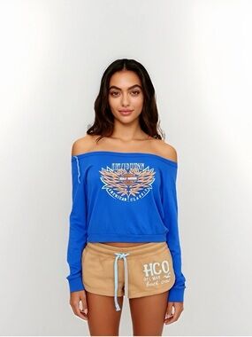 Harley-Davidson Women's Off Shoulder Blue Route 66 Graphic Sweatshirt Size L